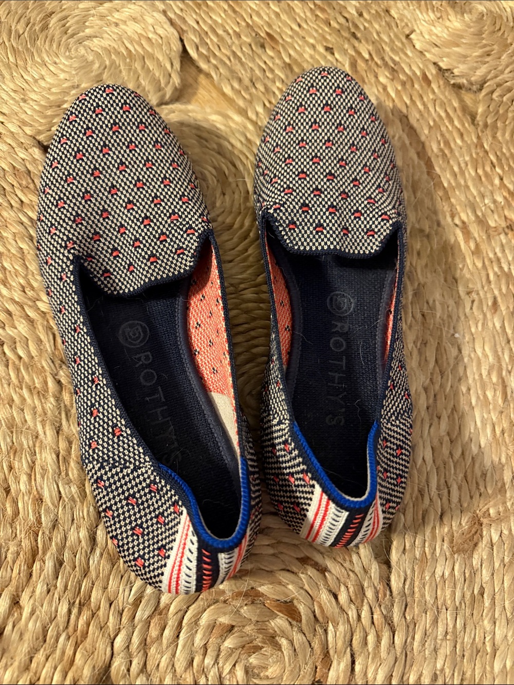 Rothy's Navy and Coral Patterned Slip-On Flats